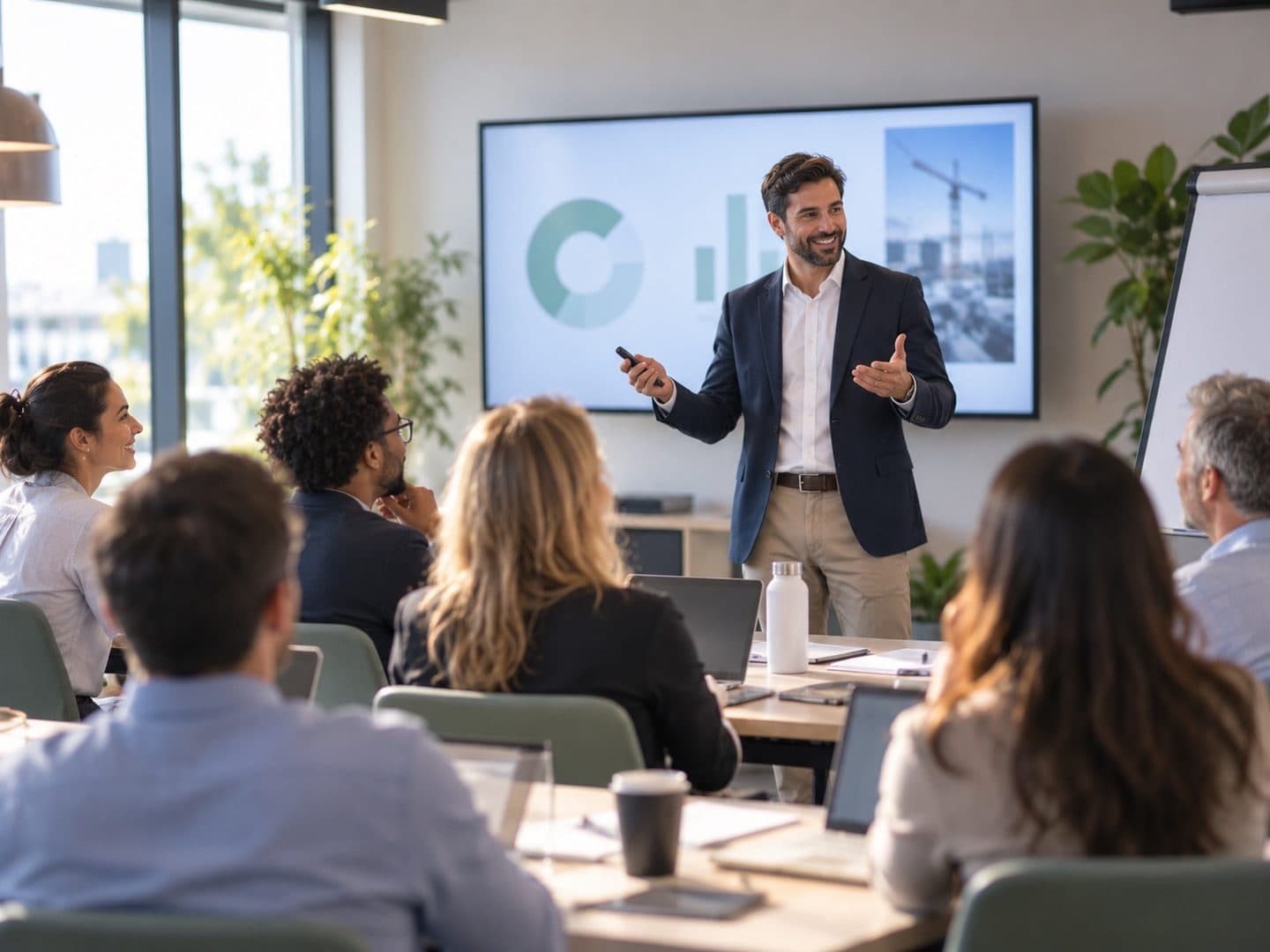 Formation en contract management animée devant un groupe de professionnels