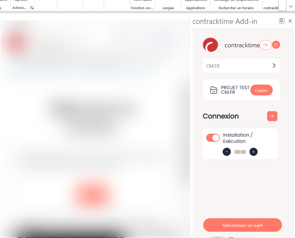 test de l'add-in contracktime sur outlook